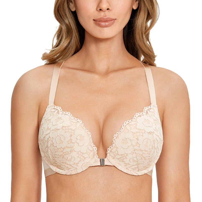 DOBREVA Women's Push Up Bra Racerback Front Closure Bras Lace Padded Underwire Plunge Floral Beige 38C - Image 2
